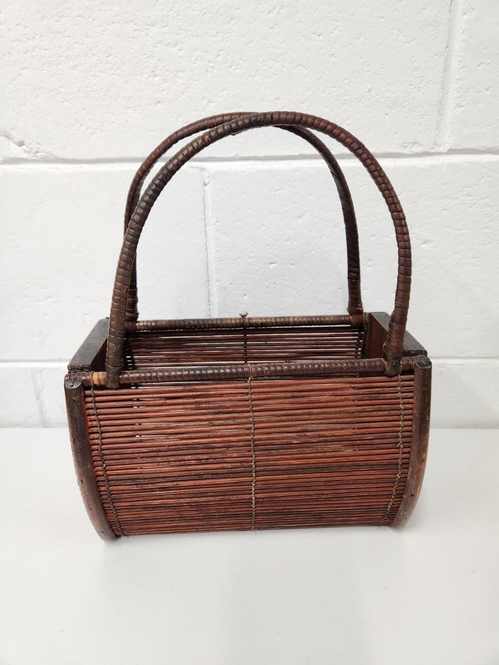 Vintage Reed & Bamboo Basket Handbag Twin Bound Handles 60s-70s Mid Century